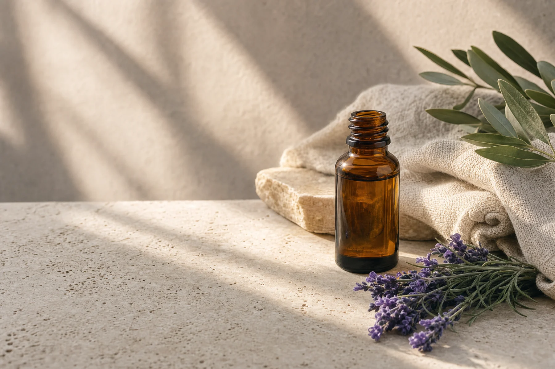 Lavendel, linnen en een amberkleurig olieflesje